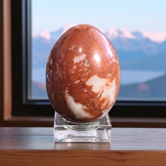 Red Brecciated Jasper Egg Crystal 35x45mm Healing Stone Decor w/ Stand - Picture 1 of 7